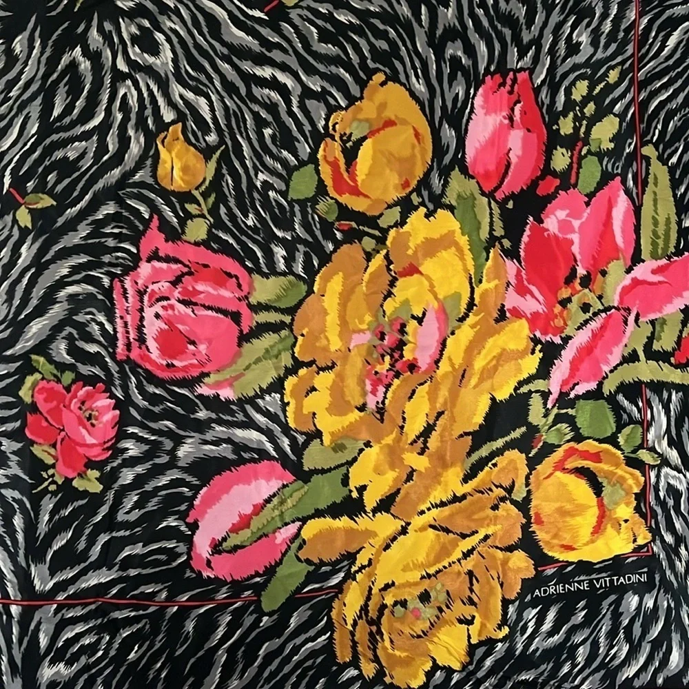 Vintage Adrienne Vittani Silk Floral Animal Print Scarf